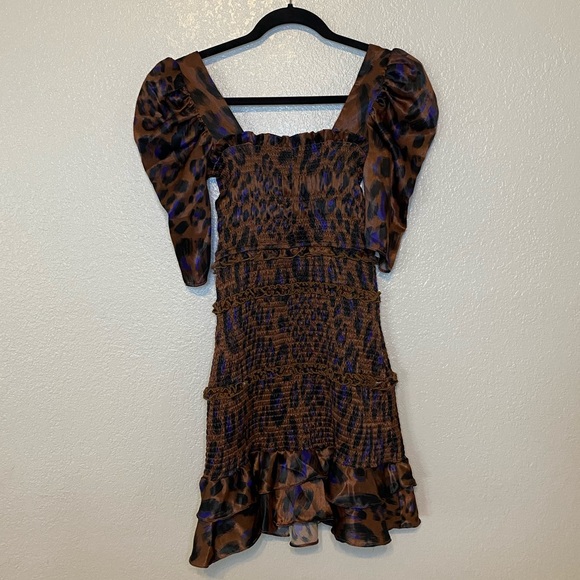 Karlie Smocked Ruffle Leopard Print Square Neck Mini Dress Small - Picture 7 of 10